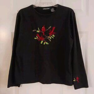 Cottage Street Women's Black Large Embroidered Christmas Shirt Long Sleeve Top